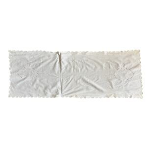 Antique White Cotton Table Runner 16x48 Floral Embroidery Scalloped Edges